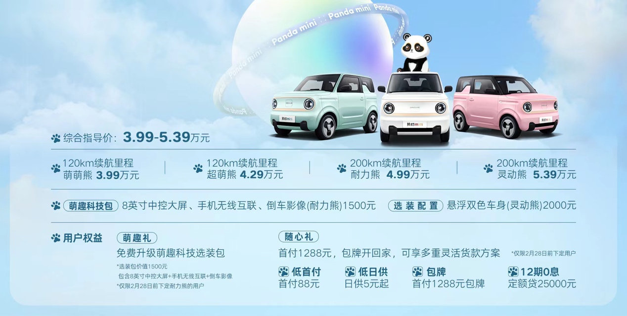 售價3.99萬元起，吉利熊貓mini正式上市